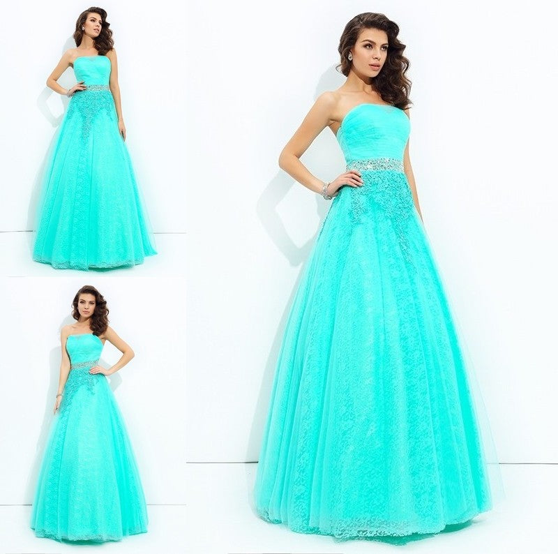 A-line/Princess Strapless Long Sleeveless Elastic Beading Woven Satin Dresses