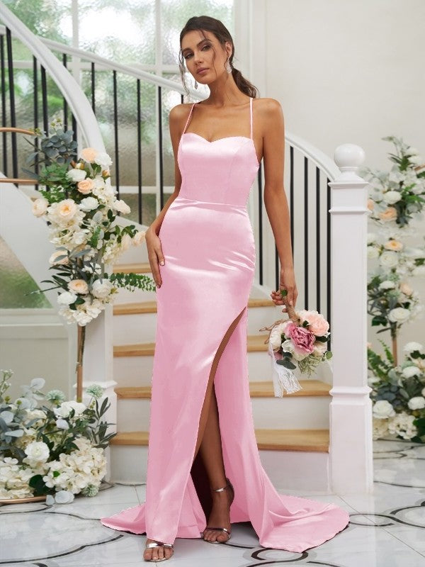 Square Sleeveless Elastic Woven Satin Ruched Sweep/Brush Sheath/Column Train Bridesmaid Dresses