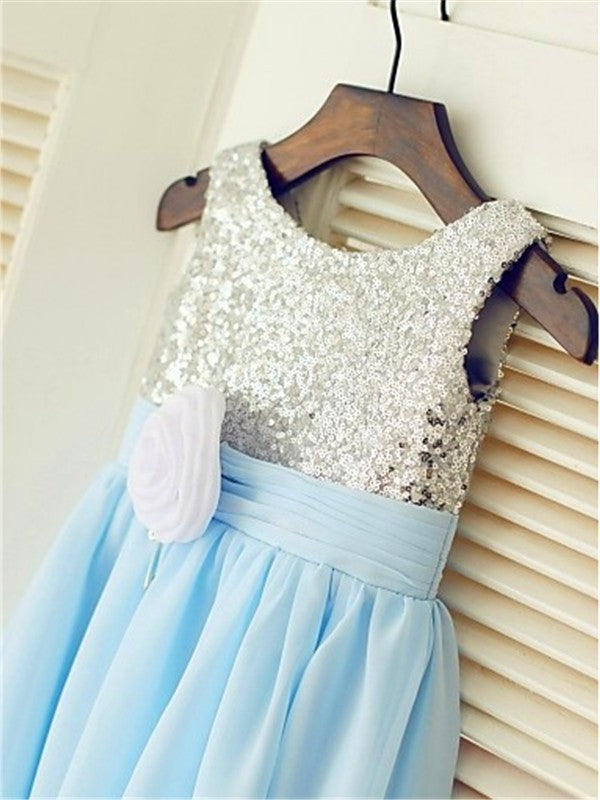 Sleeveless Sequin A-line/Princess Tea-Length Chiffon Scoop Flower Girl Dresses