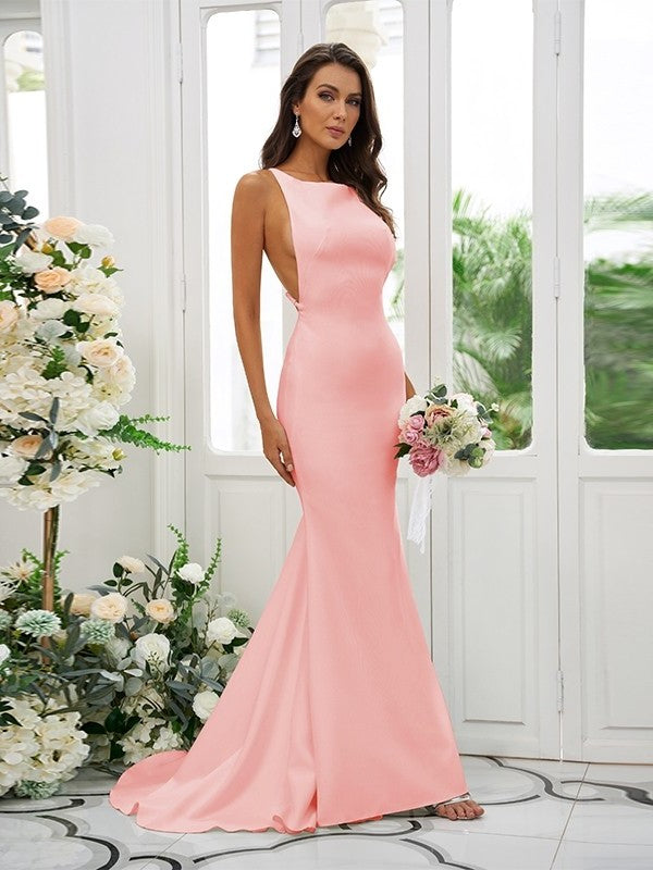 Square Ruffles Sweep/Brush Sleeveless Crepe Stretch Sheath/Column Train Bridesmaid Dresses