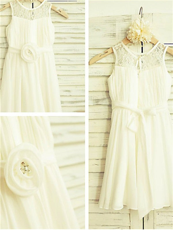 Chiffon Tea-Length Hand-made Sleeveless Scoop A-line/Princess Flower Flower Girl Dresses