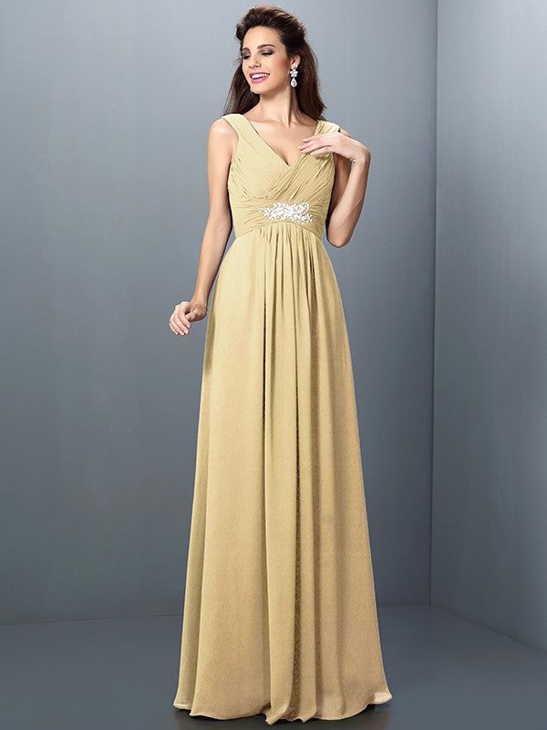 Long Beading A-Line/Princess Sleeveless Pleats V-neck Chiffon Bridesmaid Dresses