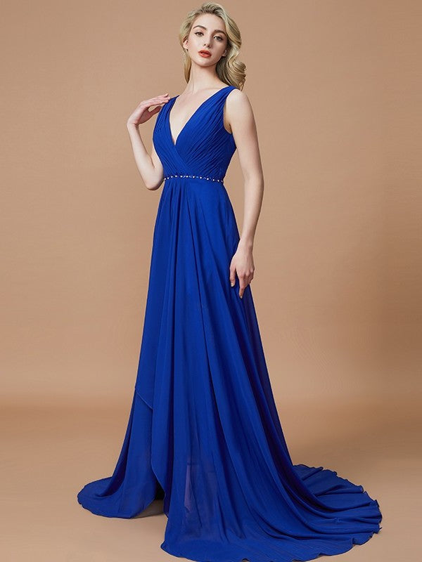 V-neck Chiffon Sleeveless Sweep/Brush A-Line/Princess Train Bridesmaid Dresses