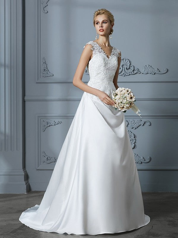 Sweep/Brush V-neck Applique Train Sleeveless A-Line/Princess Satin Wedding Dresses