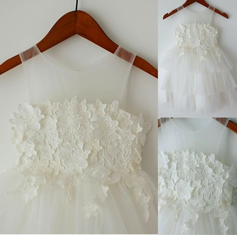 Tea-Length Lace Sleeveless Straps A-line/Princess Tulle Flower Girl Dresses