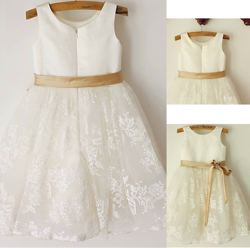 Tea-Length Lace Sleeveless Scoop A-line/Princess Bowknot Flower Girl Dresses