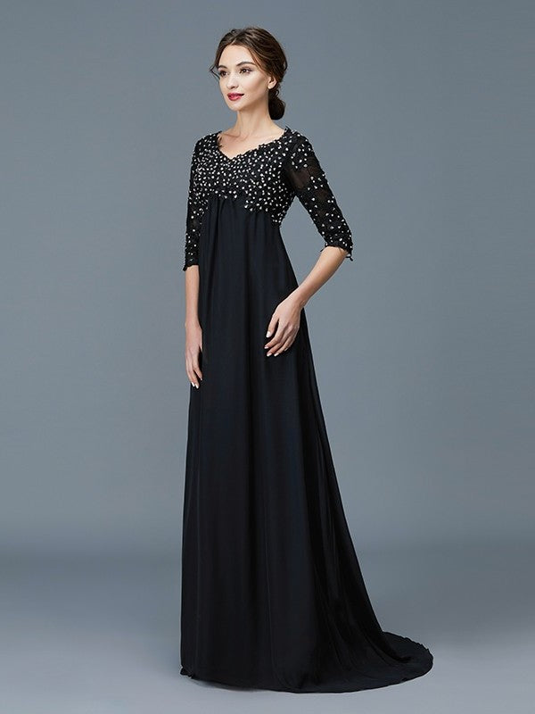 V-neck of Beading 1/2 Floor-Length Chiffon Sleeves A-Line/Princess Mother the Bride Dresses