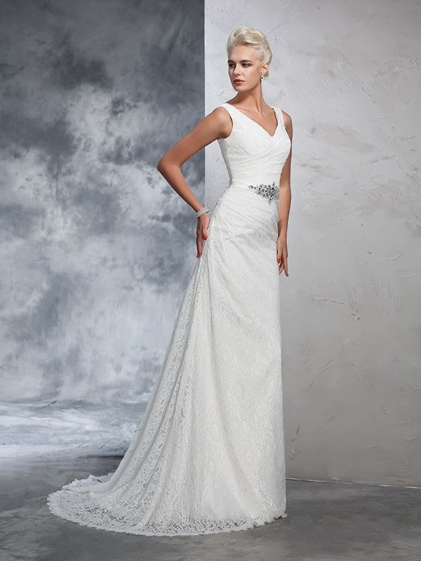 Trumpet/Mermaid Long Sleeveless Lace V-neck Lace Wedding Dresses