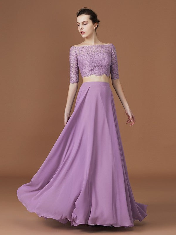 Sleeves Off-the-Shoulder Floor-Length 1/2 A-Line/Princess Lace Chiffon Bridesmaid Dress