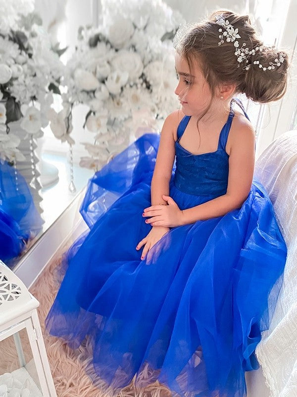 Sleeveless Halter Tulle Tea-Length Ruffles A-Line/Princess Flower Girl Dresses