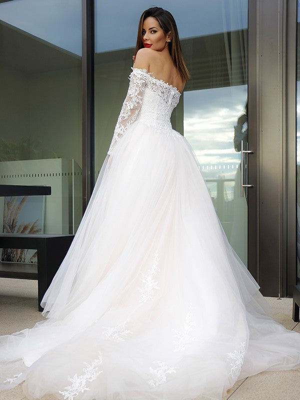 Tulle Long Sleeves Off-the-Shoulder A-Line/Princess Applique Court Train Wedding Dresses