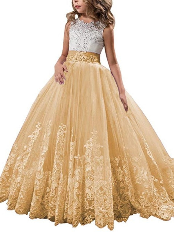 Gown Jewel Train Tulle Sleeveless Ball Lace Sweep/Brush Flower Girl Dresses