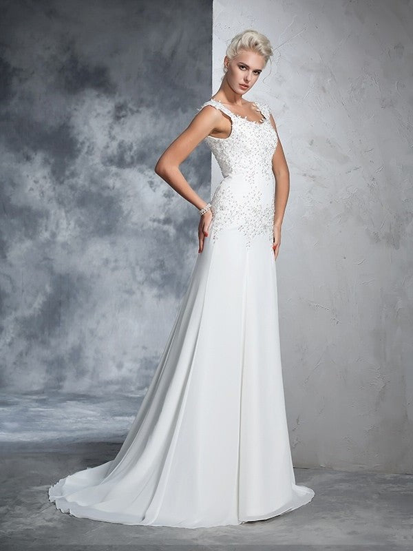 Sleeveless Beading A-Line/Princess Straps Long Chiffon Wedding Dresses