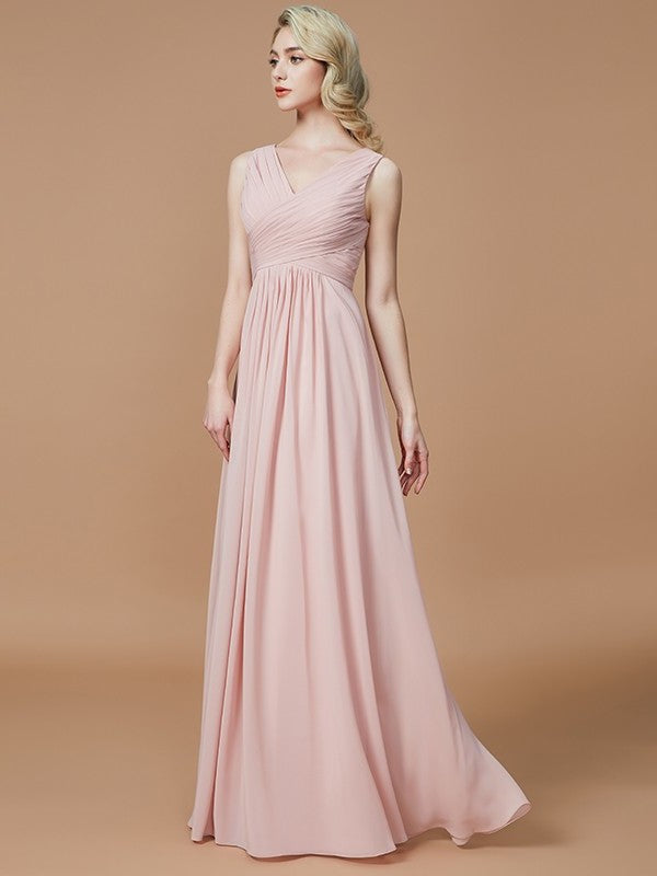 V-neck Ruched Floor-Length Sleeveless A-Line/Princess Chiffon Bridesmaid Dresses