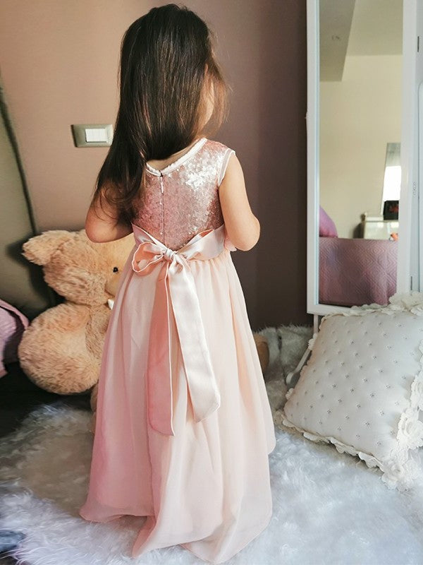 Chiffon A-Line/Princess Scoop Sequin Floor-Length Sleeveless Flower Girl Dresses