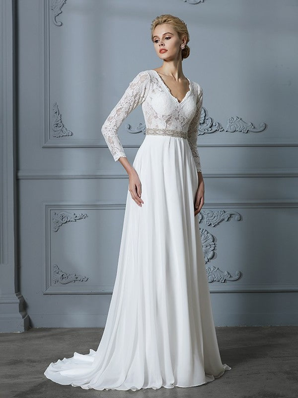 Sweep/Brush A-Line/Princess V-neck Lace Sleeves 3/4 Train Chiffon Wedding Dresses