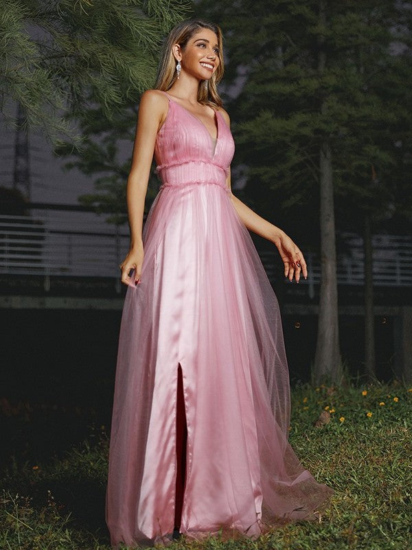 Sweep/Brush Ruffles V-neck Tulle A-Line/Princess Sleeveless Train Bridesmaid Dresses