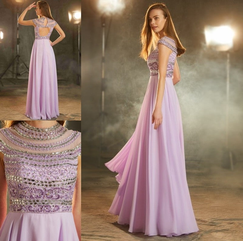 Scoop A-Line/Princess Sleeves Floor-Length Short Beading Chiffon Dresses