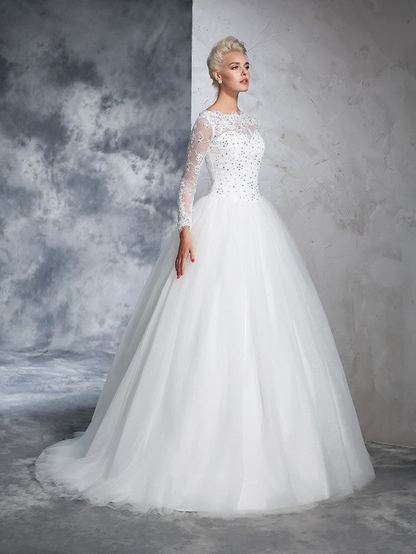 Long Bateau Long Ball Gown Lace Sleeves Net Wedding Dresses