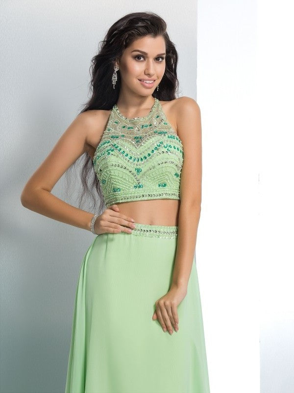 Chiffon A-Line/Princess Beading Halter Long Sleeveless Two Piece Dresses