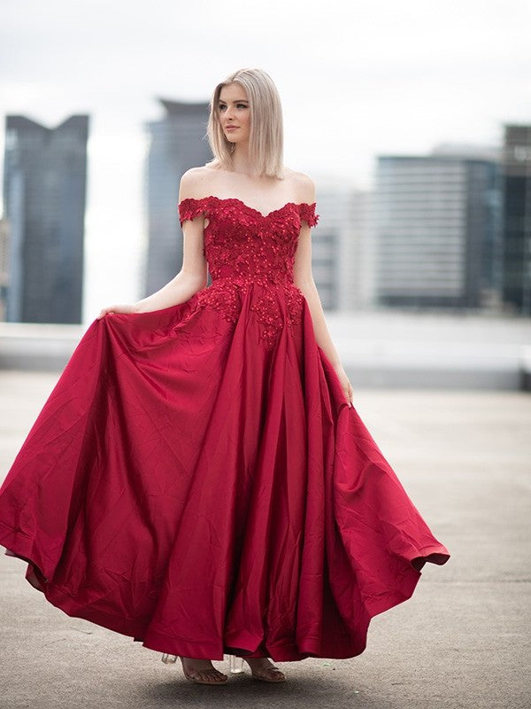 Off-the-Shoulder Satin Ball Applique Gown Sleeveless Floor-Length Dresses