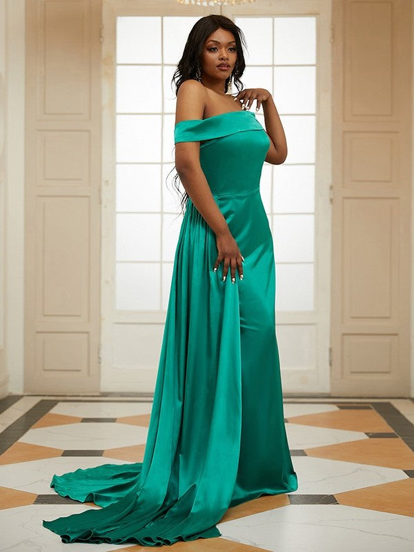 like Silk Sleeveless Satin Off-the-Shoulder Ruffles Sheath/Column Sweep/Brush Train Dresses