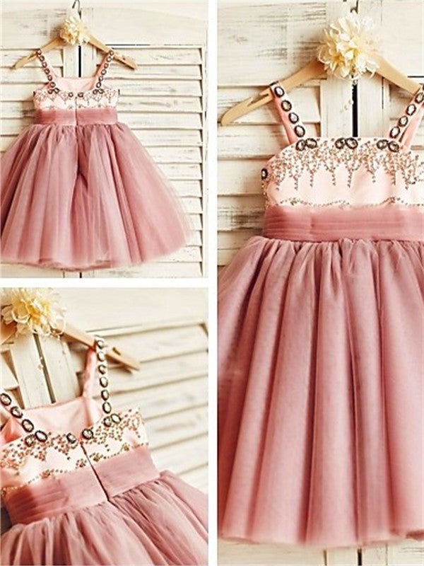 Spaghetti Straps Beading Tea-Length Sleeveless Tulle A-line/Princess Flower Girl Dresses