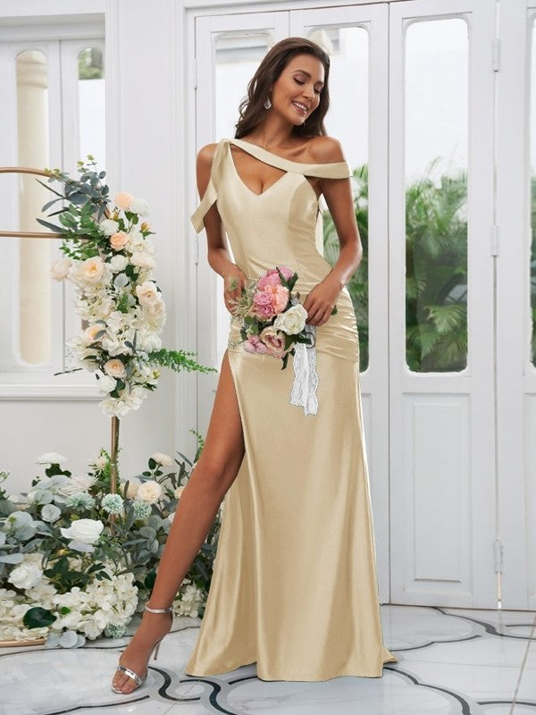 Sweep/Brush Sheath/Column Ruched Sleeveless Charmeuse Off-the-Shoulder Train Bridesmaid Dresses