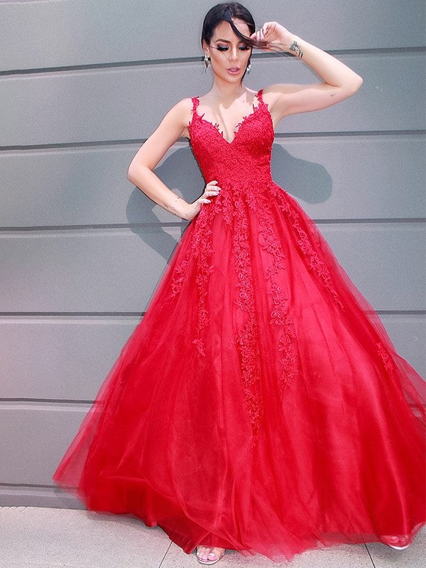 A-Line/Princess V-neck Floor-Length Tulle Applique Sleeveless Dresses