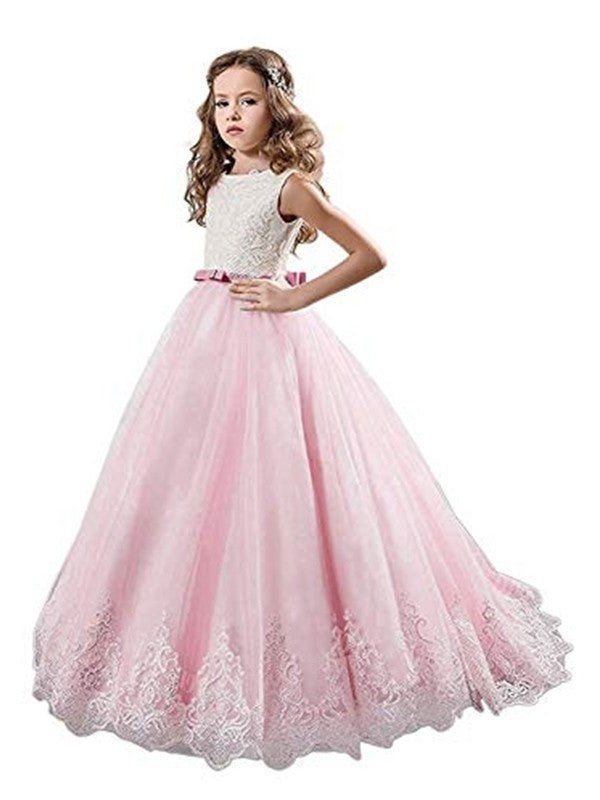 Tulle Gown Jewel Sweep/Brush Sleeveless Train Lace Ball Flower Girl Dresses