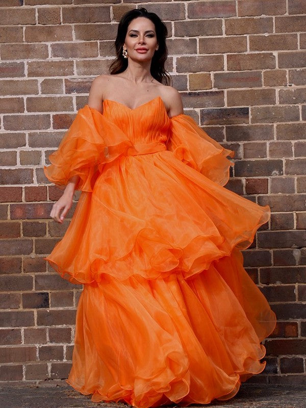 Long A-Line/Princess Off-the-Shoulder Layers Organza Sleeves Floor-Length Dresses