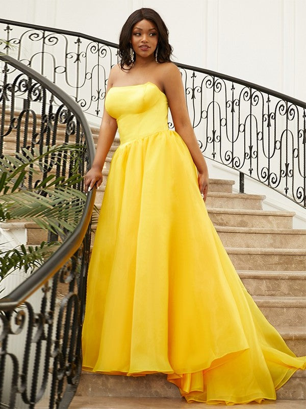 Strapless Satin Sleeveless A-Line/Princess Ruffles Sweep/Brush Train Dresses