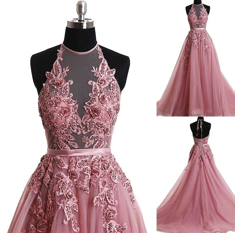 Sleeveless Sweep/Brush Train A-Line/Princess Halter Applique Tulle Dresses