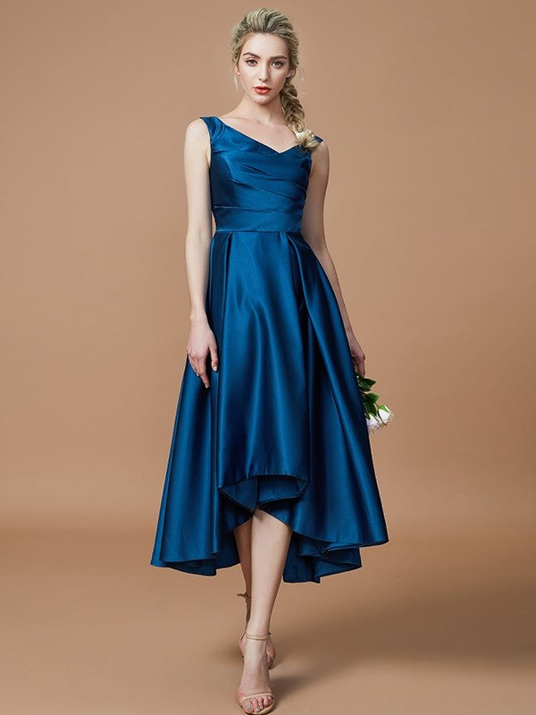 V-neck Asymmetrical A-Line/Princess Satin Sleeveless Bridesmaid Dresses