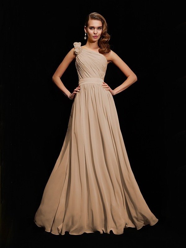 Flower Sleeveless A-Line/Princess One-Shoulder Hand-Made Long Chiffon Bridesmaid Dresses