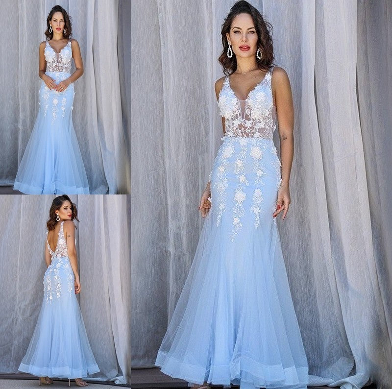 Tulle Trumpet/Mermaid Sleeveless V-neck Applique Floor-Length Dresses