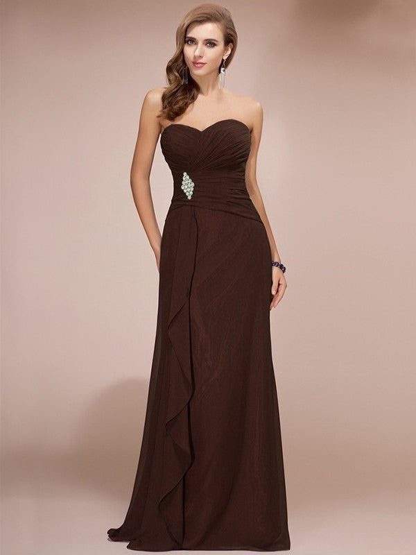 Sleeveless Sheath/Column Long Beading Sweetheart Ruffles Chiffon Bridesmaid Dresses