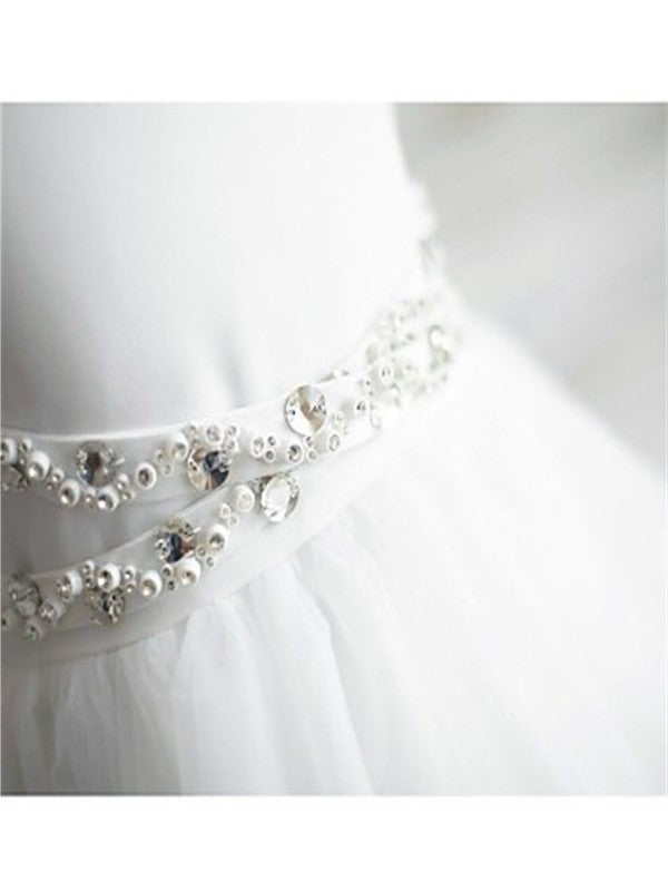 Train Sweep/Brush Tulle Straps Beading A-line/Princess Spaghetti Sleeveless Flower Girl Dresses