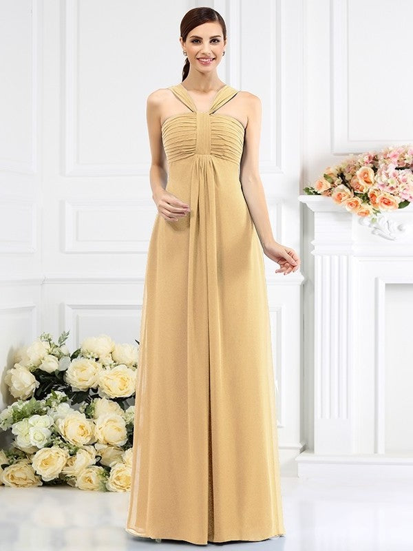 Straps Sleeveless Long A-Line/Princess Pleats Chiffon Bridesmaid Dresses