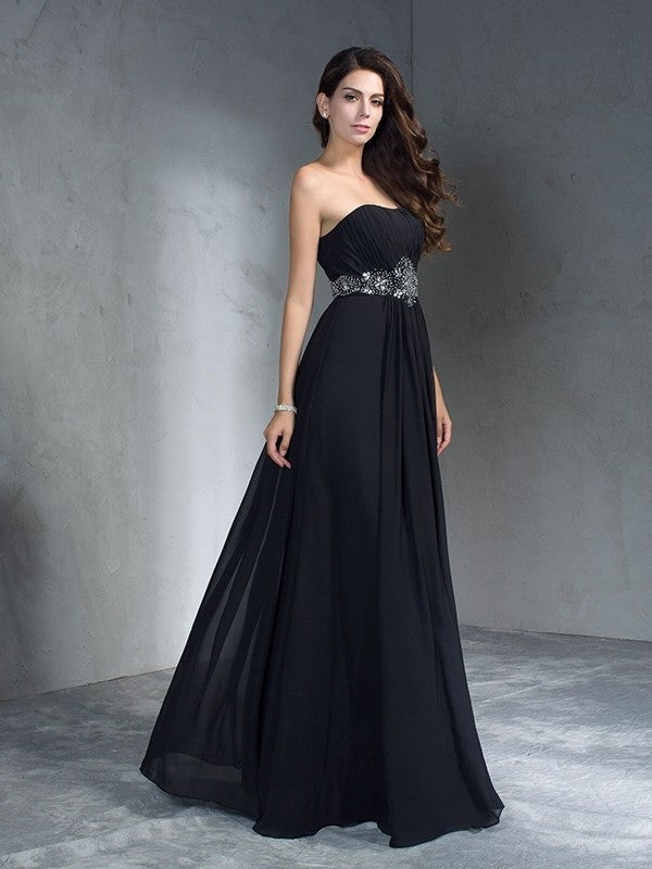 Strapless A-Line/Princess Beading Sleeveless Long Chiffon Dresses