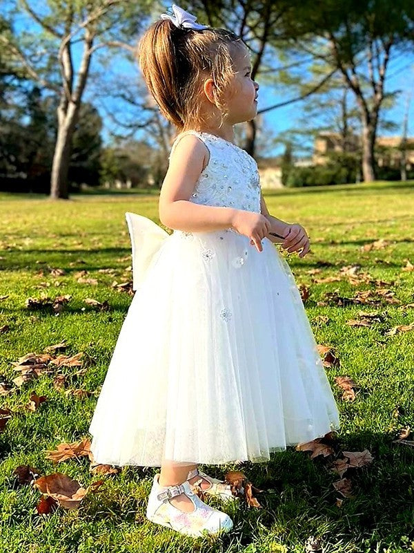 Sleeveless Scoop Bowknot Tulle Ankle-Length A-Line/Princess Flower Girl Dresses