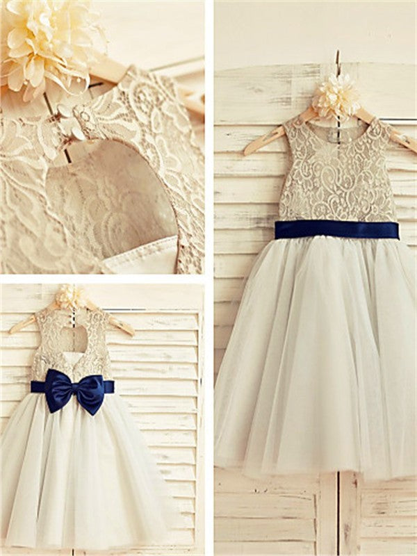 Tea-Length Tulle Sleeveless Scoop A-line/Princess Lace Flower Girl Dresses