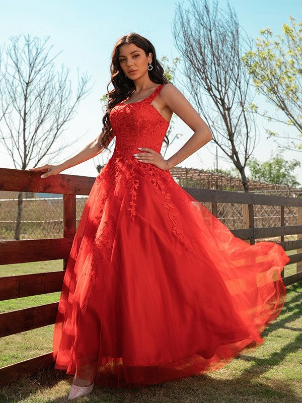 Tulle Applique A-Line/Princess Off-the-Shoulder Sleeveless Floor-Length Dresses