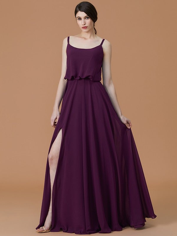 Spaghetti Ruffles Straps Sleeveless A-Line/Princess Floor-Length Chiffon Bridesmaid Dresses