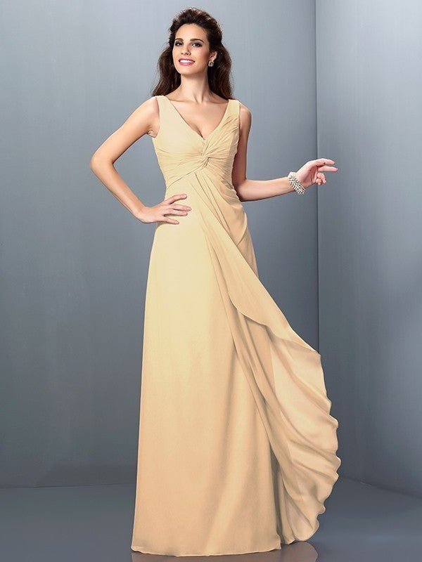 Straps Sleeveless A-Line/Princess Long Pleats Chiffon Bridesmaid Dresses