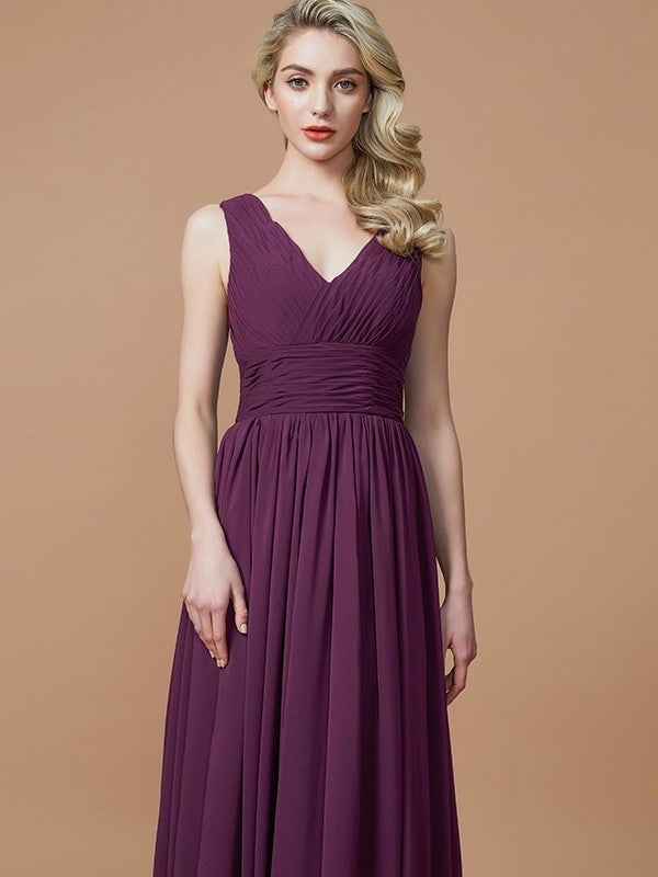 V-neck A-Line/Princess Floor-Length Sleeveless Chiffon Bridesmaid Dresses