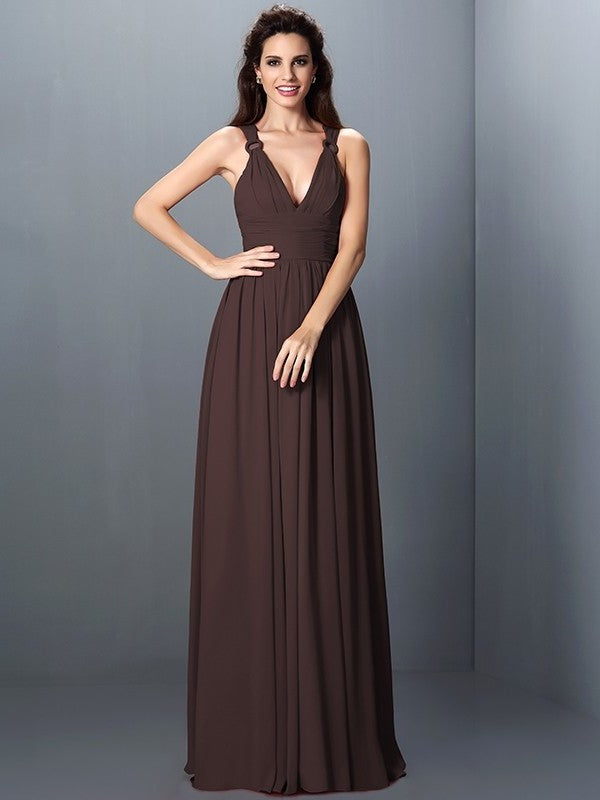 V-neck Pleats Long Sleeveless A-Line/Princess Chiffon Bridesmaid Dresses