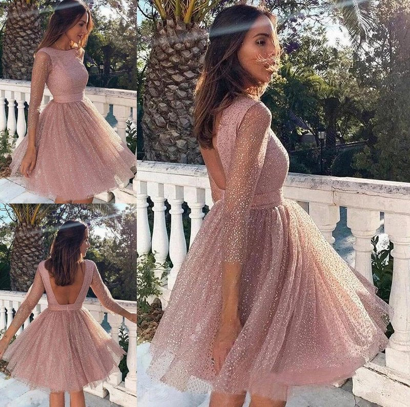 Scoop Sleeves A-Line/Princess Ruffles 3/4 Short/Mini Homecoming Dresses