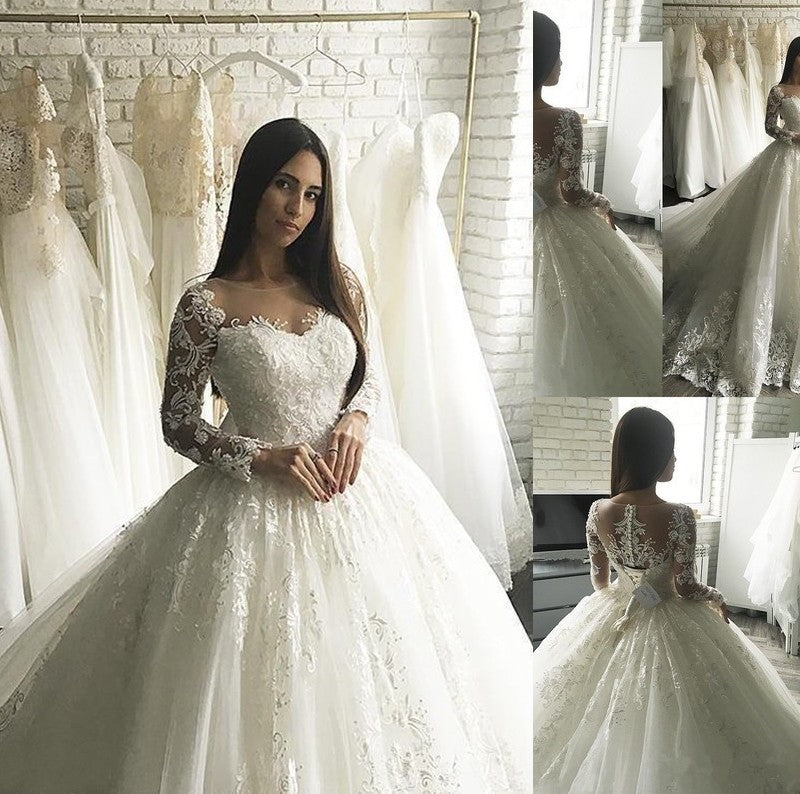 Long Tulle Scoop Gown Ball Court Sleeves Applique Train Wedding Dresses