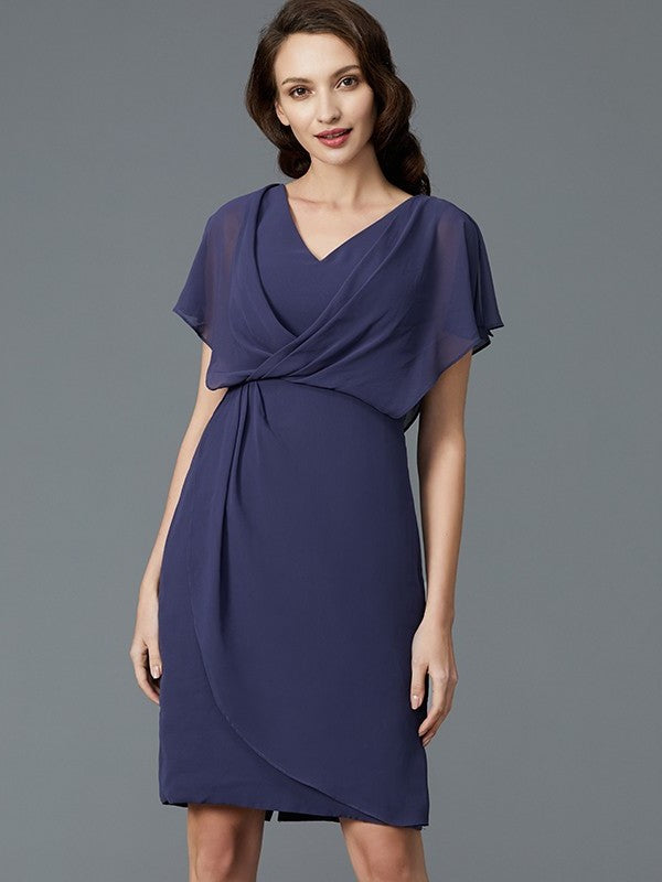 Chiffon V-neck Sleeves Short of Mother Knee-Length Sheath/Column the Bride Dresses